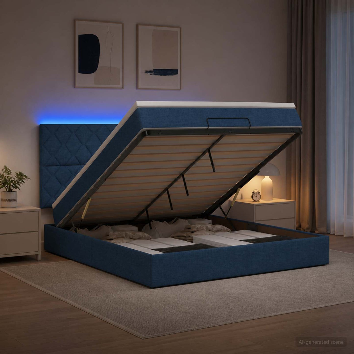 vidaXL Κρεβάτι Ottoman με Στρώμα και LED Μπλε 160 x 200 cm Ύφασμα