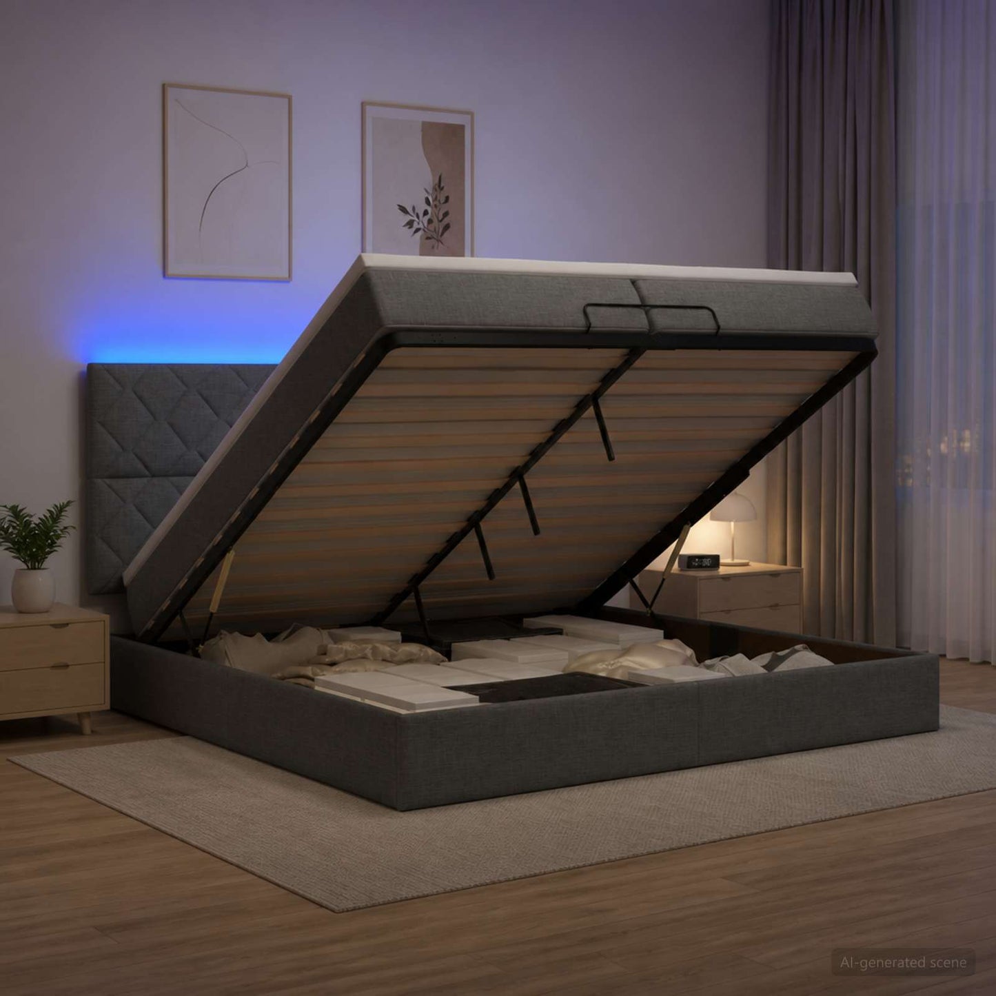 vidaXL Κρεβάτι Ottoman με Στρώμα και LED Σκούρο Γκρι 200 x 200 cm