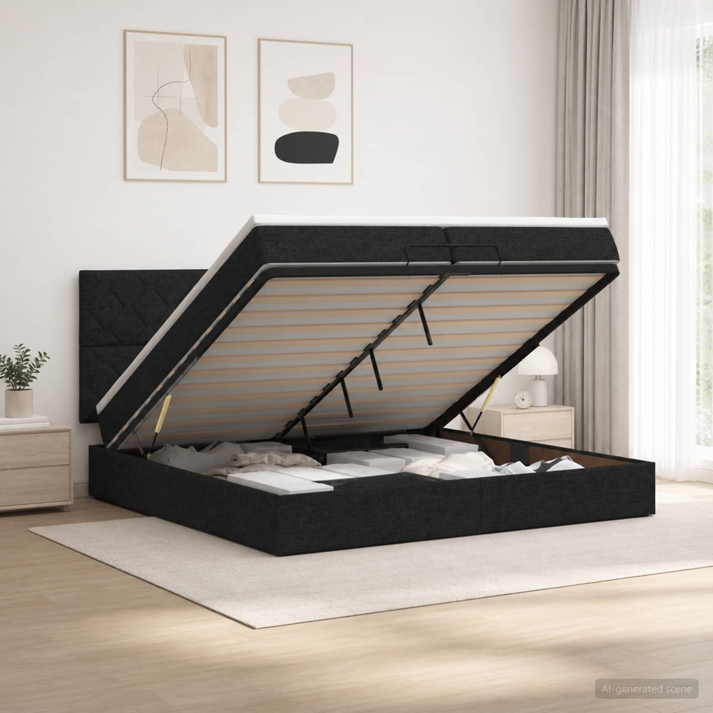 vidaXL Κρεβάτι Ottoman με Στρώμα και LED Μαύρο 200 x 200 cm Ύφασμα