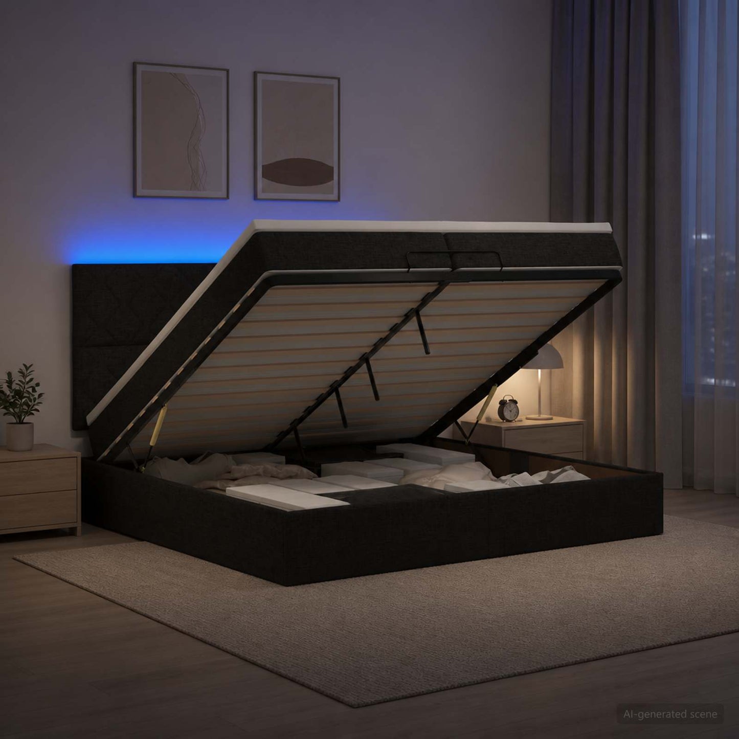 vidaXL Κρεβάτι Ottoman με Στρώμα και LED Μαύρο 200 x 200 cm Ύφασμα