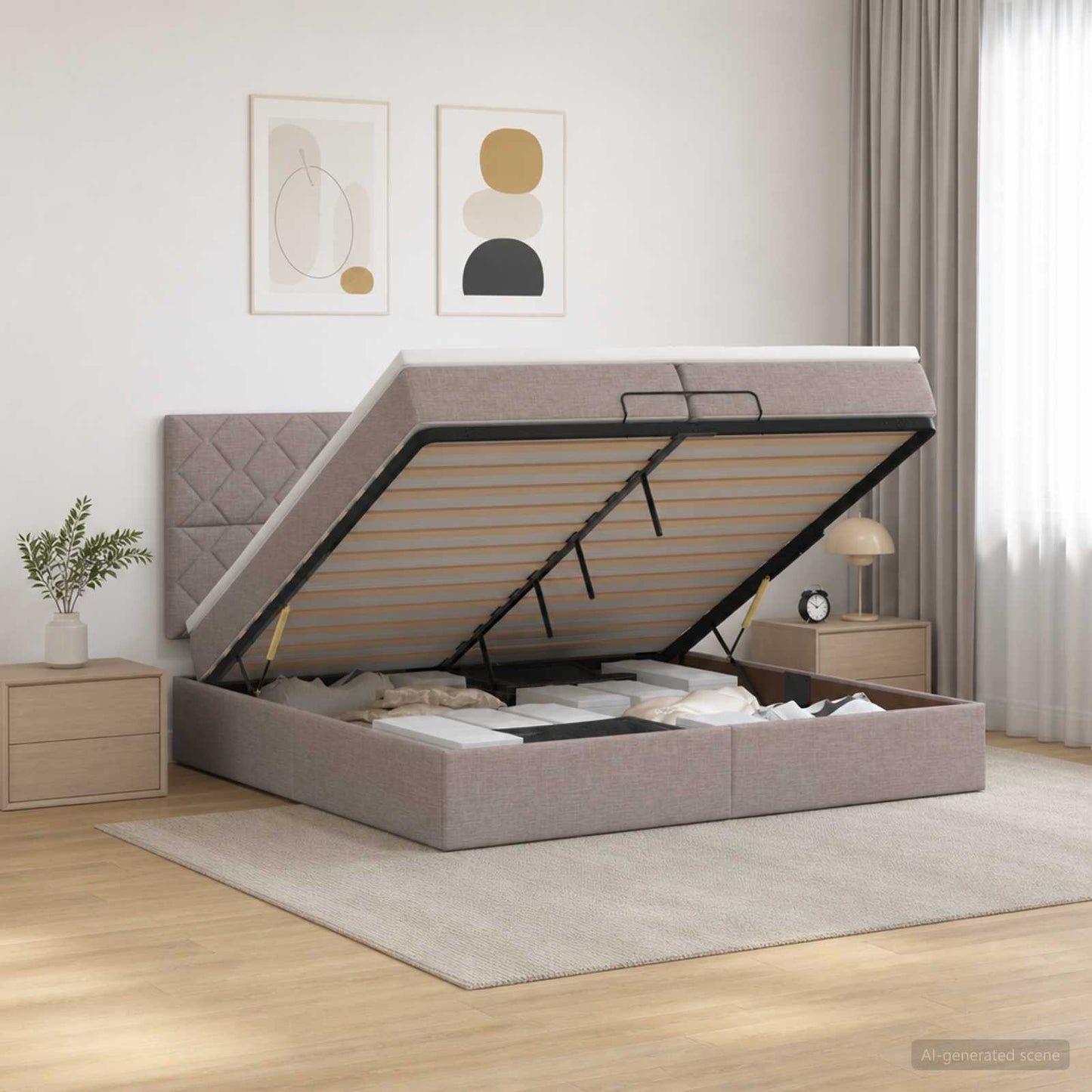 vidaXL Κρεβάτι Ottoman με Στρώμα και LED Taupe 200 x 200 cm Ύφασμα