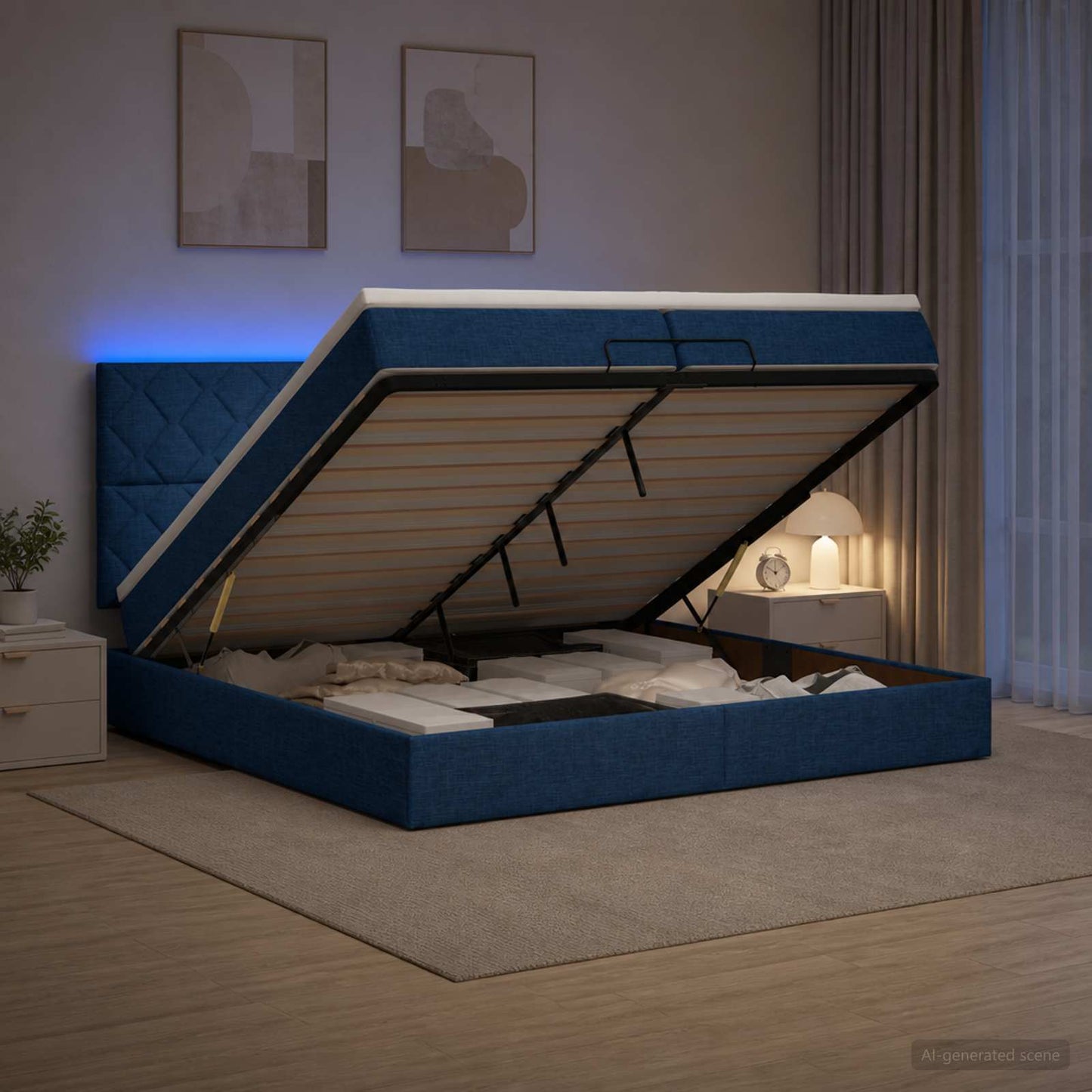 vidaXL Κρεβάτι Ottoman με Στρώμα και LED Μπλε 200 x 200 cm Ύφασμα