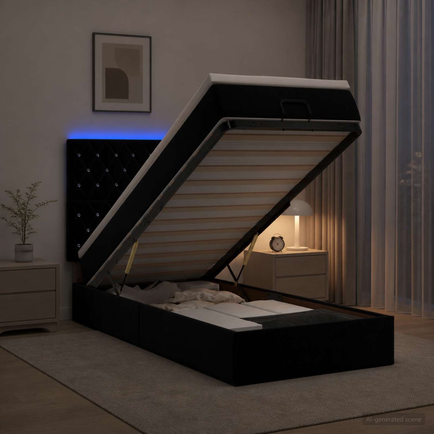 vidaXL Κρεβάτι Ottoman με Στρώμα και LED Μαύρο 90 x 200 cm Βελούδο
