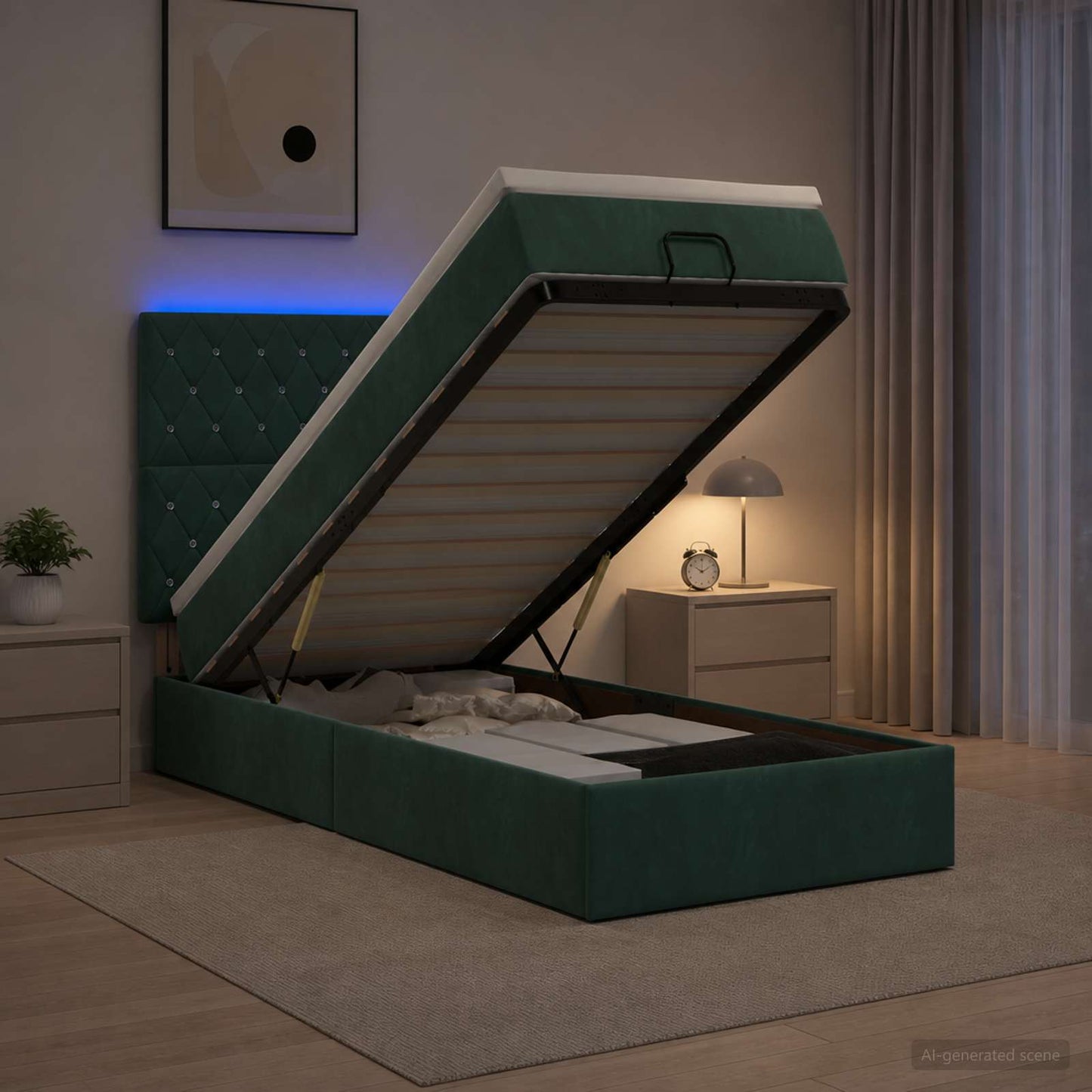 vidaXL Κρεβάτι Ottoman με Στρώμα και LED Σκούρο Πράσινο 90 x 200 cm