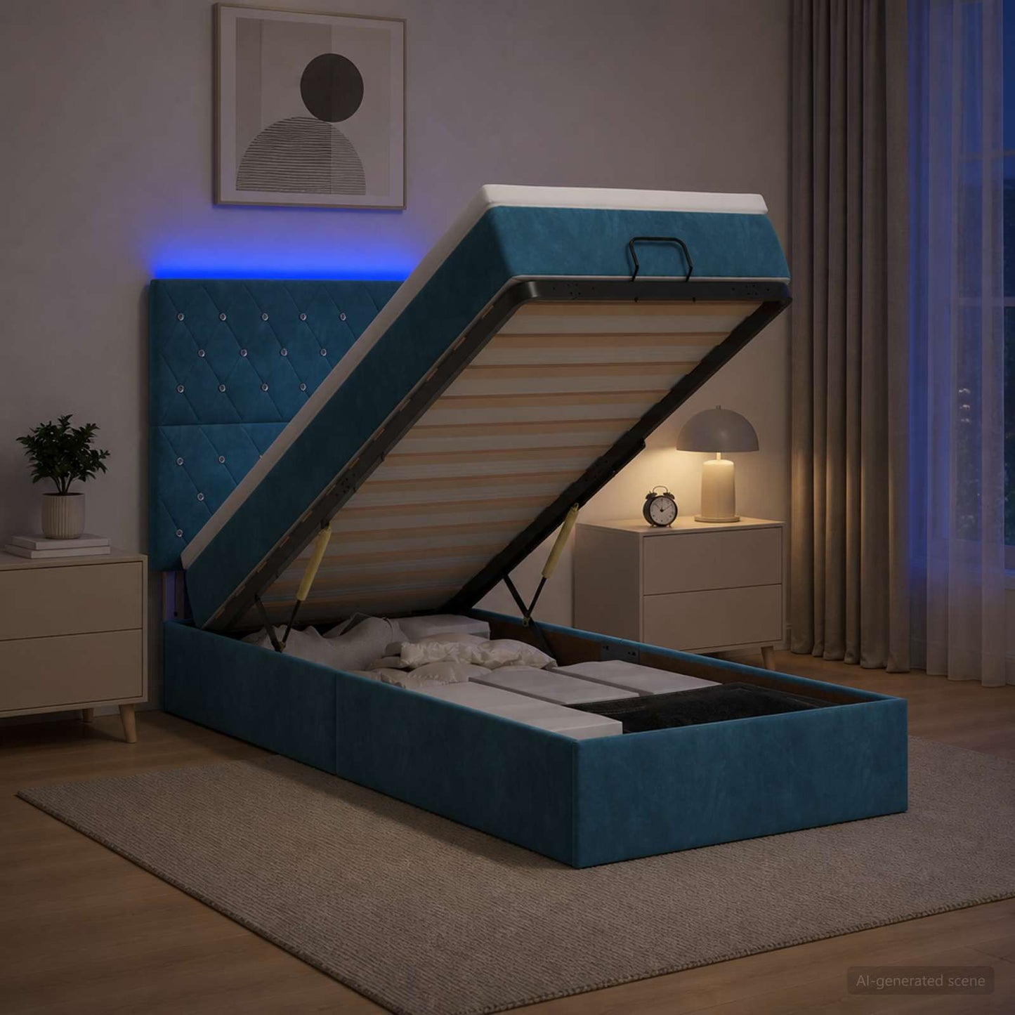 vidaXL Κρεβάτι Ottoman με Στρώμα και LED Σκούρο Μπλε 100 x 200 cm