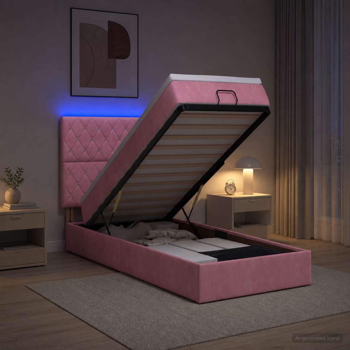 vidaXL Κρεβάτι Ottoman με Στρώμα και LED Ροζ 90 x 200 cm Βελούδο