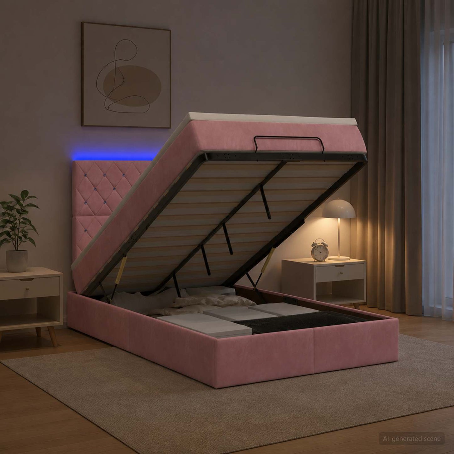 vidaXL Κρεβάτι Ottoman με Στρώμα και LED Ροζ 120 x 190 cm Βελούδο