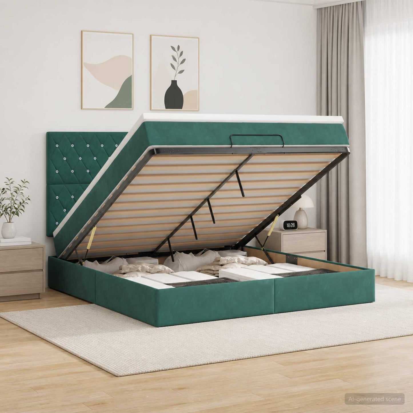 vidaXL Κρεβάτι Ottoman με Στρώμα και LED Σκούρο Πράσινο 140 x 190 cm
