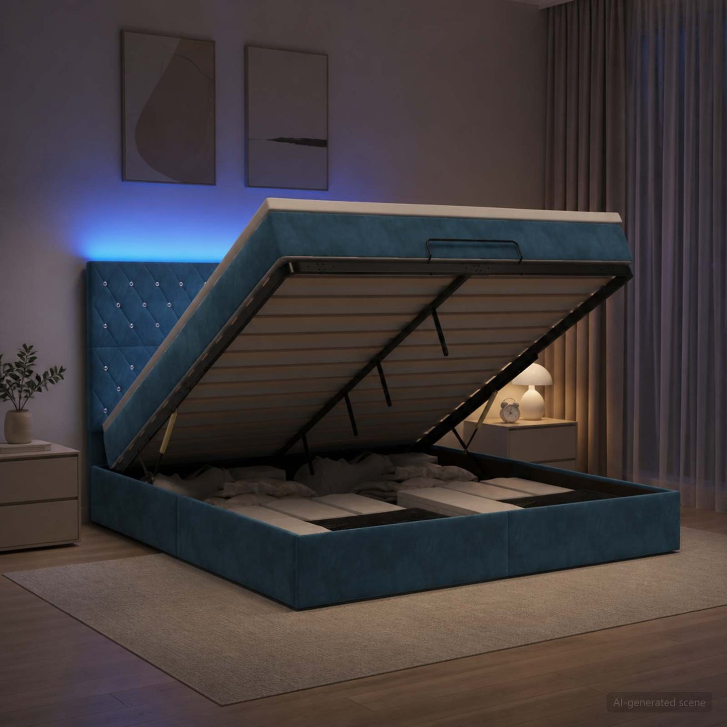 vidaXL Κρεβάτι Ottoman με Στρώμα και LED Σκούρο Μπλε 140 x 200 cm