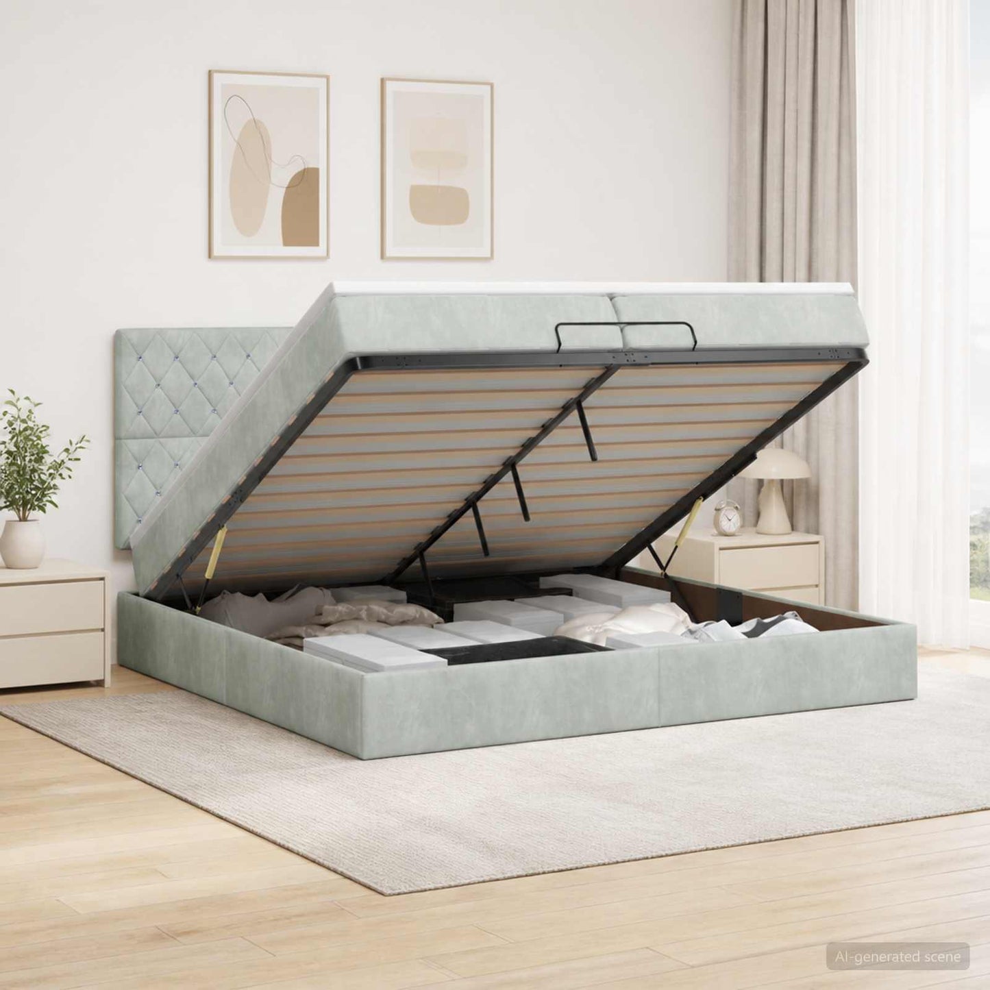 vidaXL Κρεβάτι Ottoman με Στρώμα και LED Ανοιχτό γκρι 200 x 200 cm