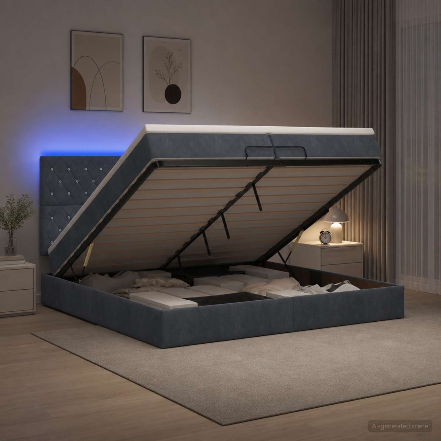 vidaXL Κρεβάτι Ottoman με Στρώμα και LED Σκούρο Γκρι 200 x 200 cm