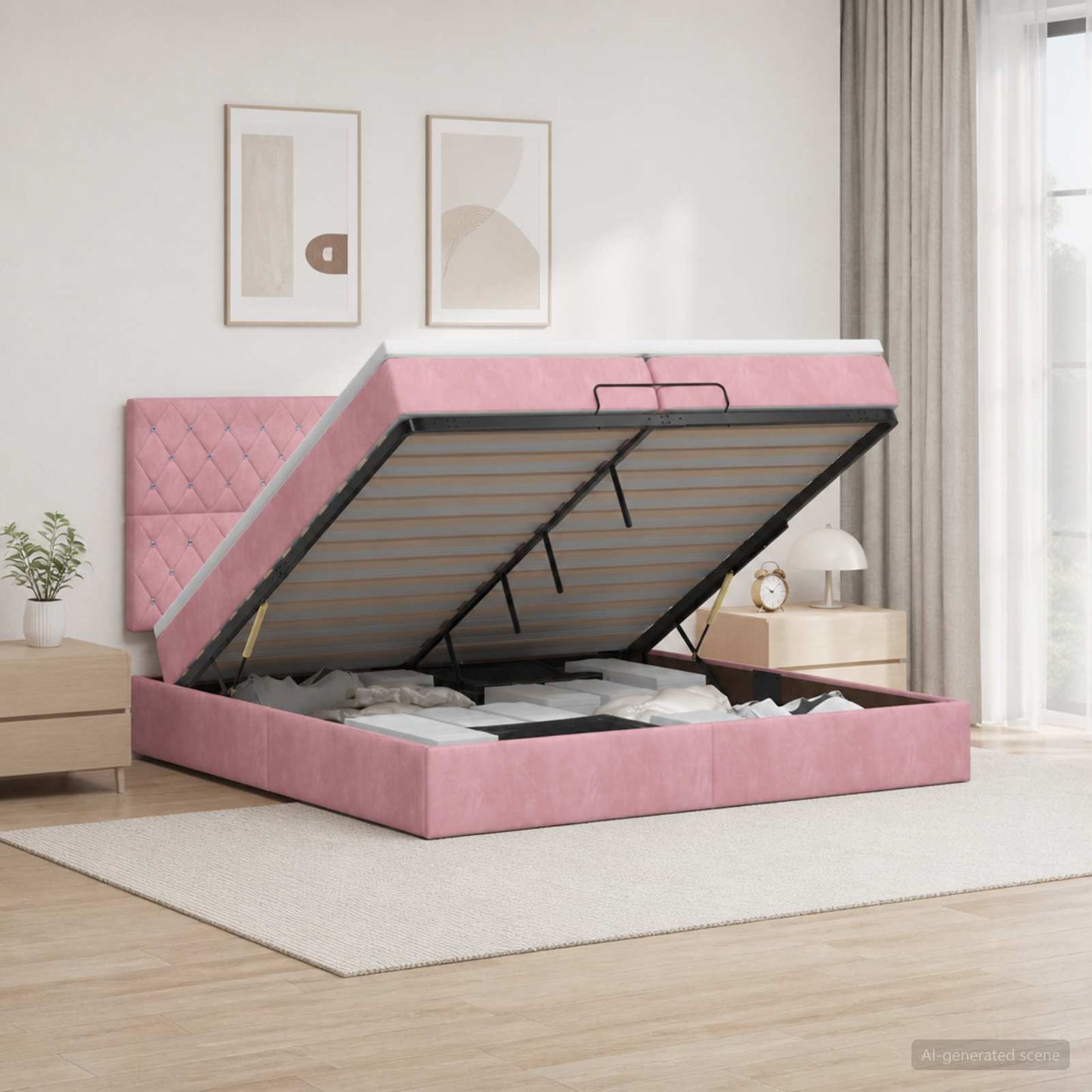 vidaXL Κρεβάτι Ottoman με στρώμα με κεφαλάρι Ροζ 200 x 200 cm Βελούδο