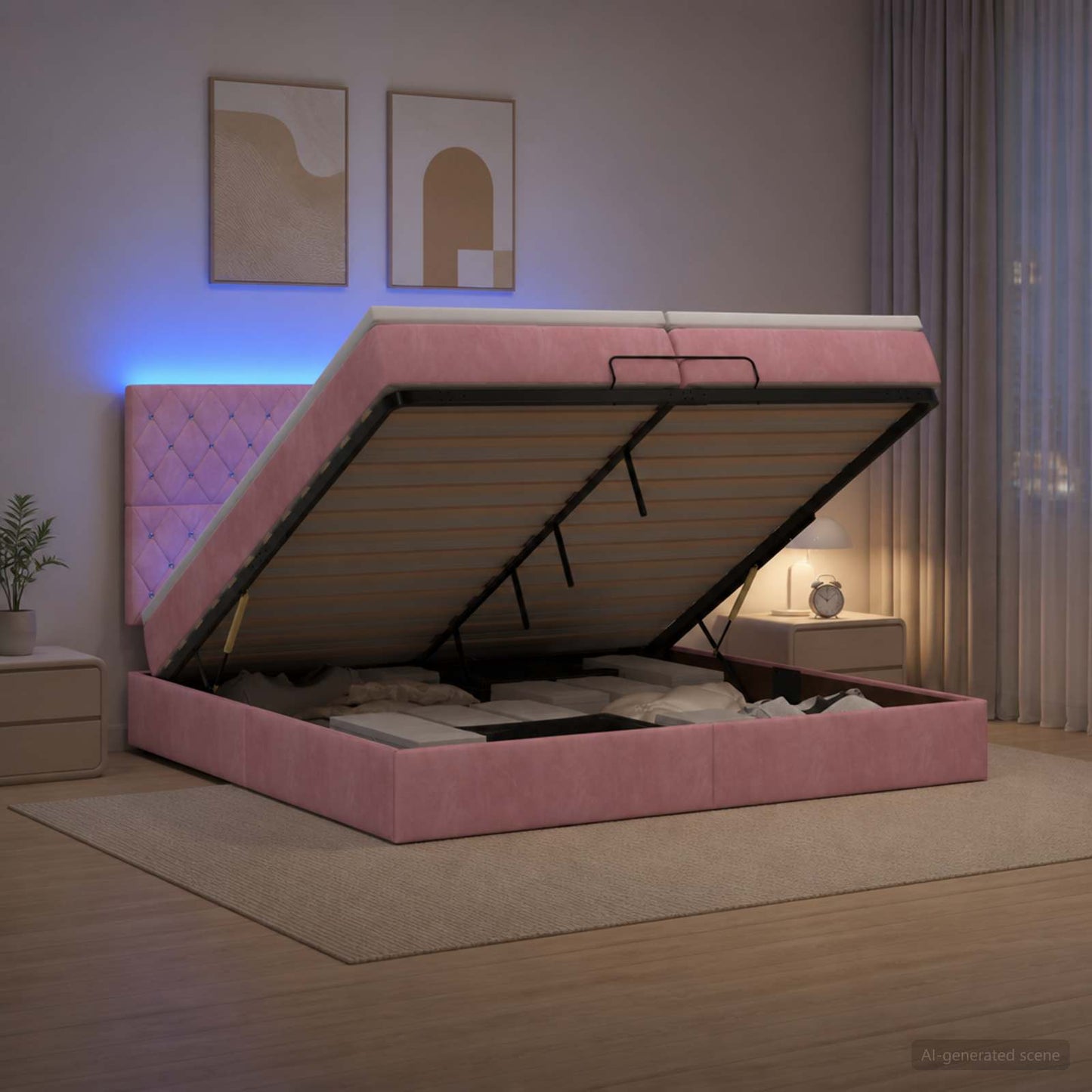 vidaXL Κρεβάτι Ottoman με Στρώμα και LED Ροζ 200 x 200 cm Βελούδο