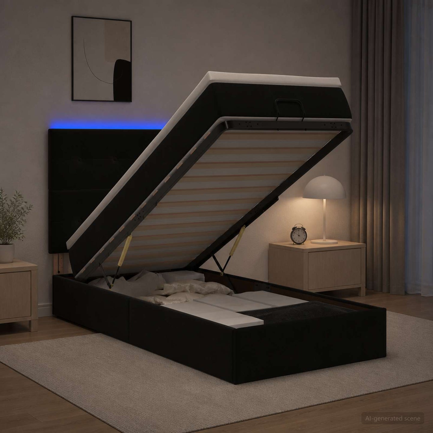 vidaXL Κρεβάτι Ottoman με Στρώμα και LED Μαύρο 90 x 190 cm Βελούδο