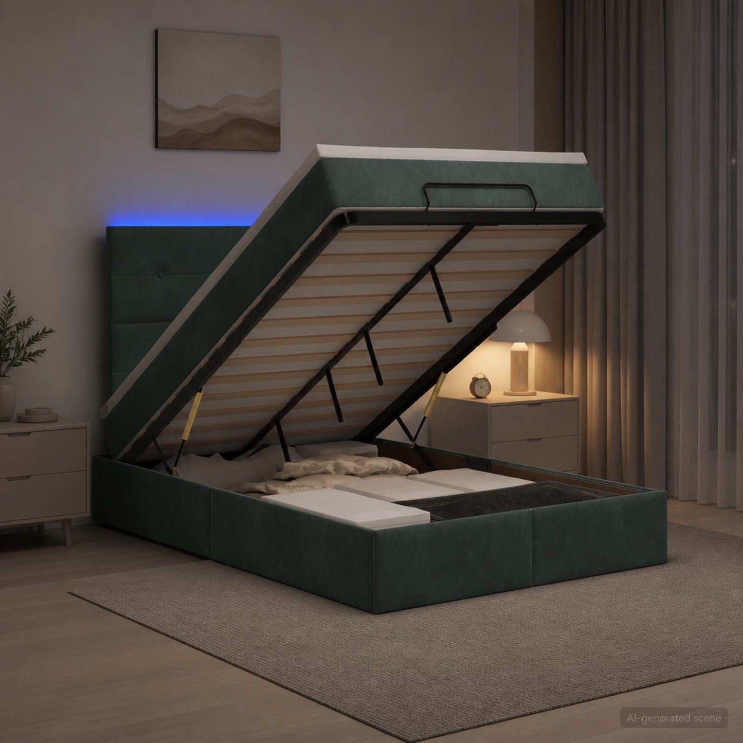 vidaXL Κρεβάτι Ottoman με Στρώμα και LED Σκούρο Πράσινο 120 x 200 cm