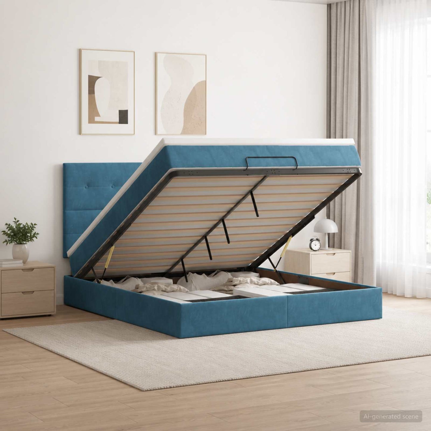 vidaXL Κρεβάτι Ottoman με Στρώμα και LED Σκούρο Μπλε 180 x 200 cm