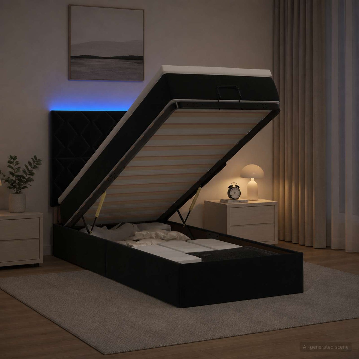 vidaXL Κρεβάτι Ottoman με Στρώμα και LED Μαύρο 100 x 200 cm Βελούδο