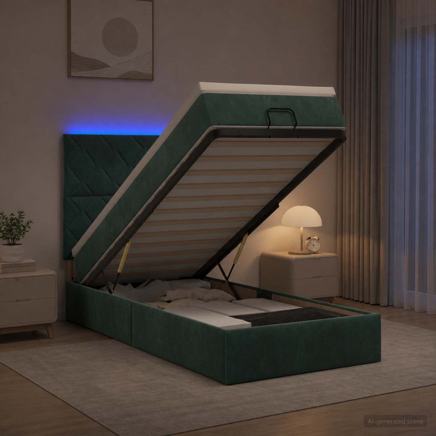 vidaXL Κρεβάτι Ottoman με Στρώμα και LED Σκούρο Πράσινο 80 x 200 cm