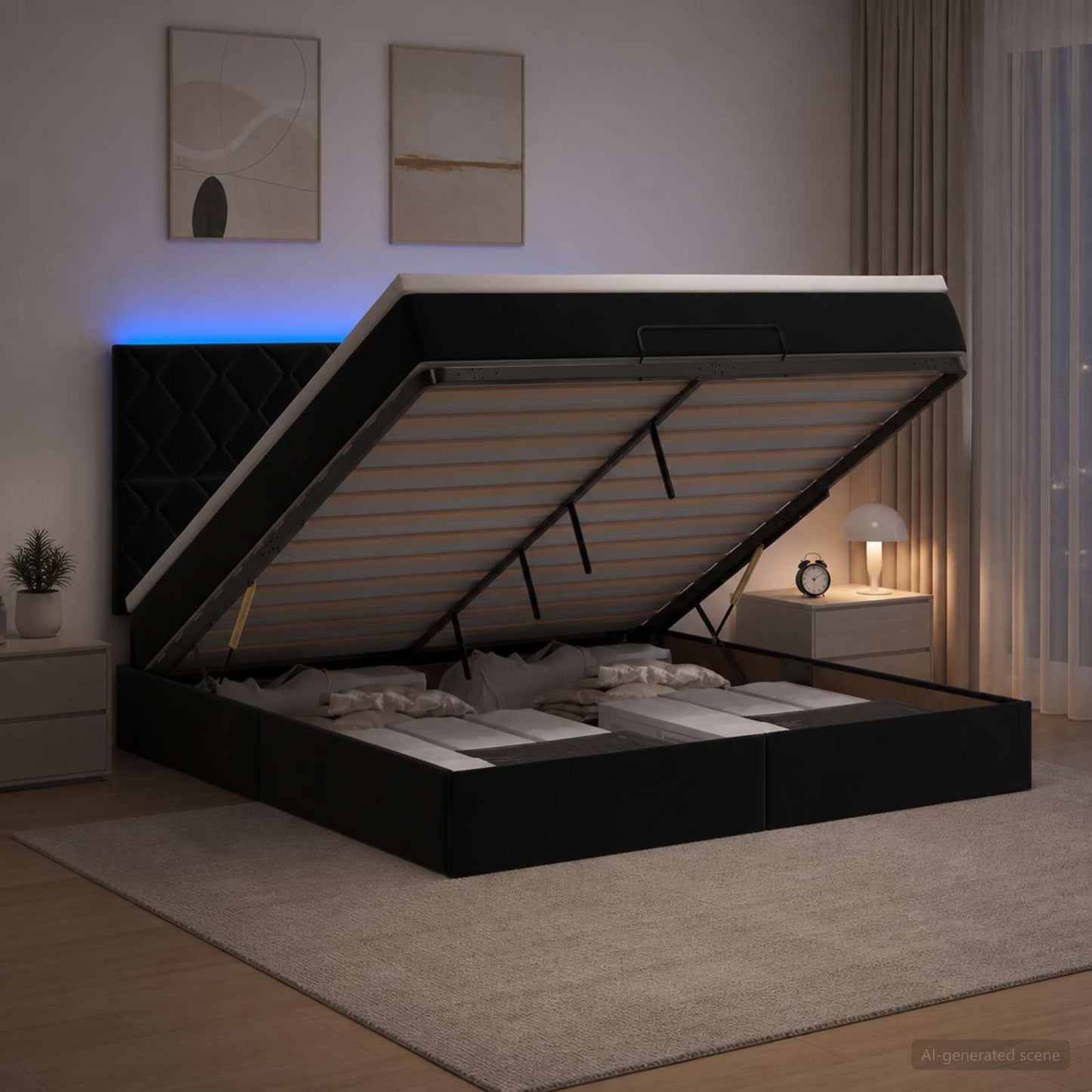vidaXL Κρεβάτι Ottoman με Στρώμα και LED Μαύρο 140 x 200 cm Βελούδο