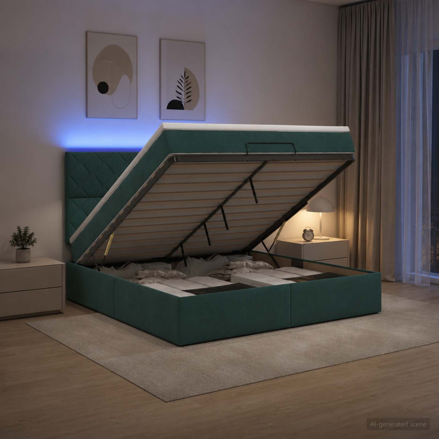 vidaXL Κρεβάτι Ottoman με Στρώμα και LED Σκούρο Πράσινο 140 x 200 cm