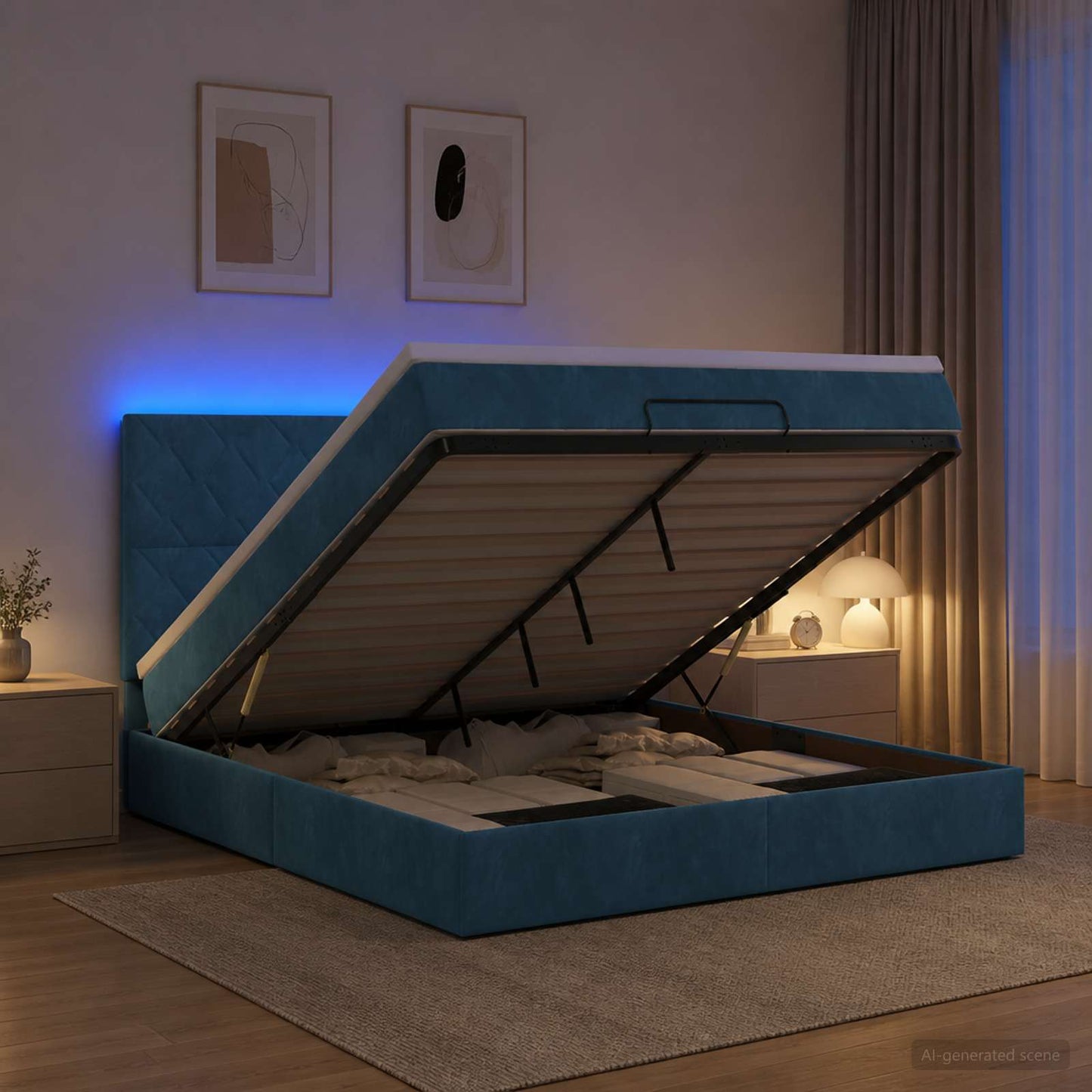 vidaXL Κρεβάτι Ottoman με Στρώμα και LED Σκούρο Μπλε 140 x 190 cm