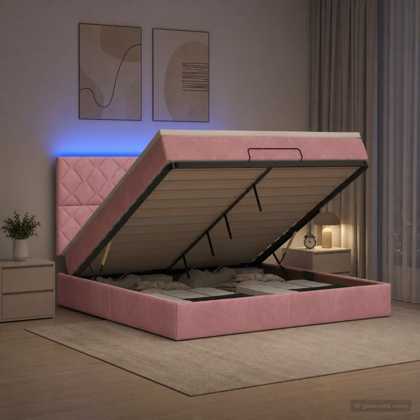 vidaXL Κρεβάτι Ottoman με Στρώμα και LED Ροζ 140 x 190 cm Βελούδο