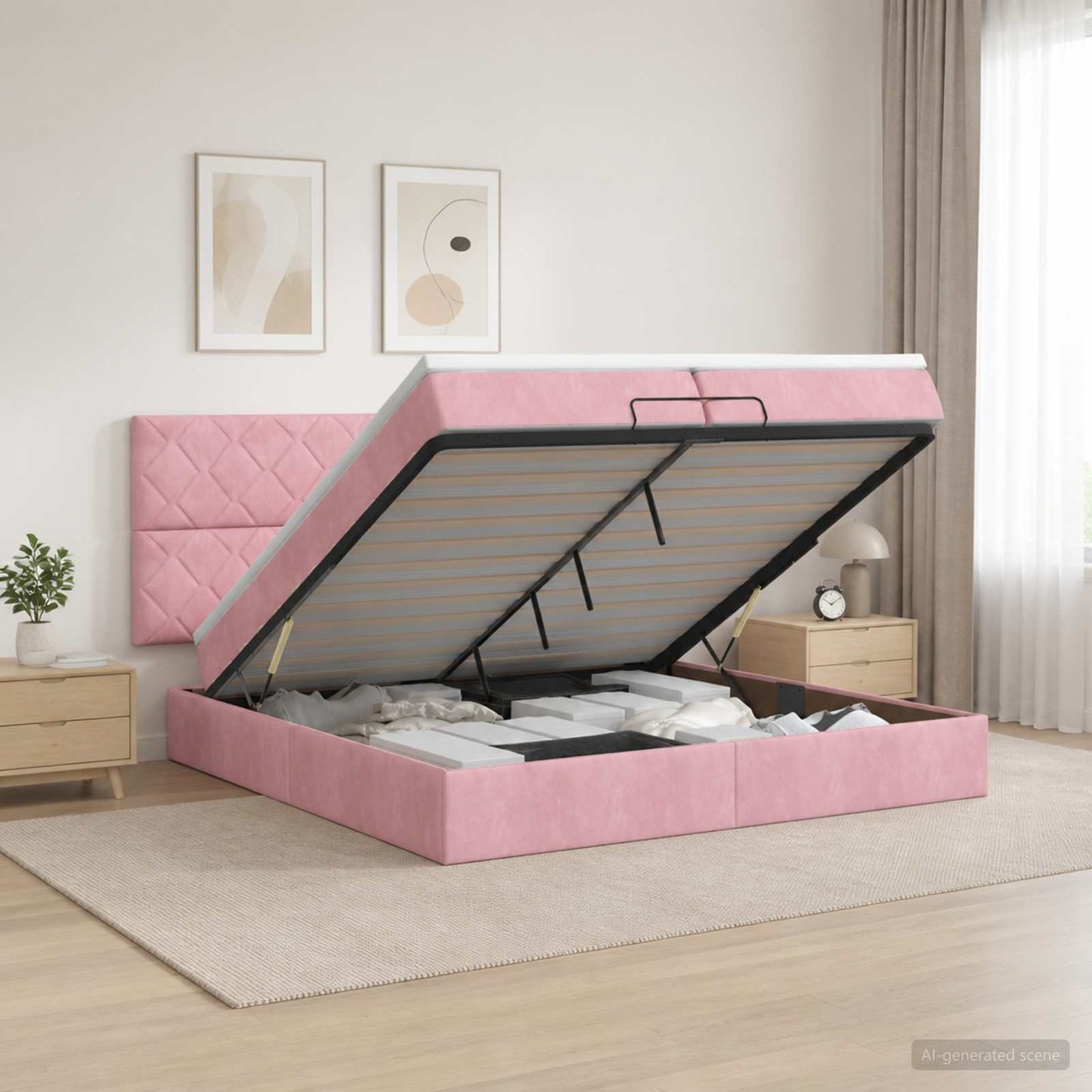 vidaXL Κρεβάτι Ottoman με Στρώμα και LED Ροζ 200 x 200 cm Βελούδο