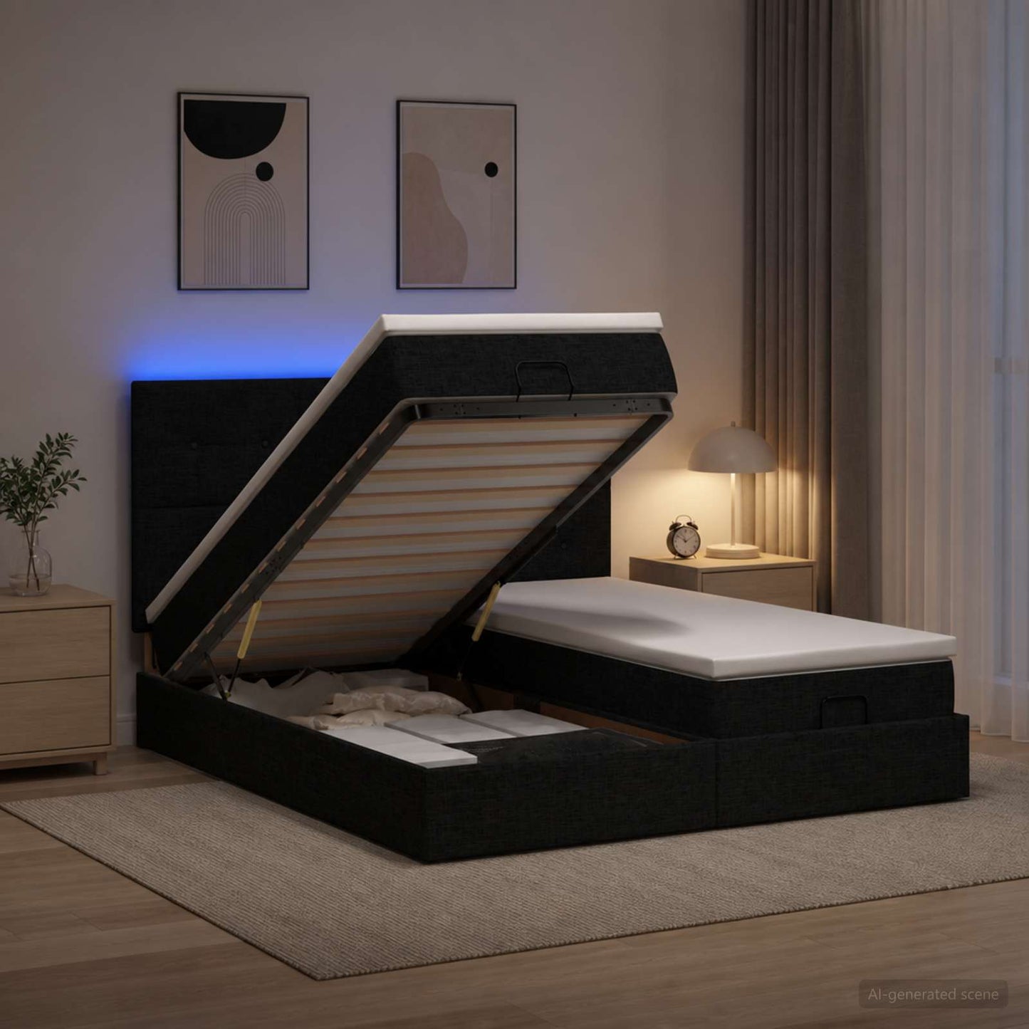 vidaXL Κρεβάτι Ottoman με Στρώμα και LED Μαύρο 200 x 200 cm Ύφασμα