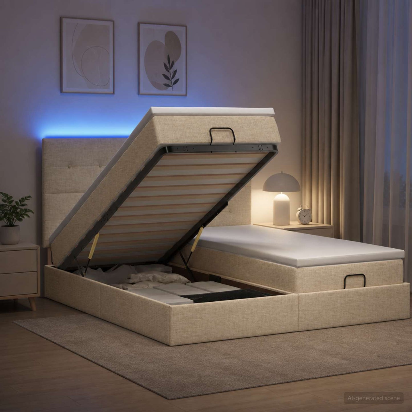 vidaXL Κρεβάτι Ottoman με Στρώμα και LED Κρεμ 180 x 200 cm Ύφασμα
