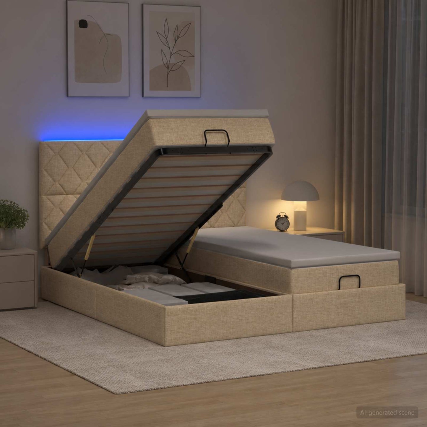 vidaXL Κρεβάτι Ottoman με Στρώμα και LED Κρεμ 180 x 200 cm Ύφασμα