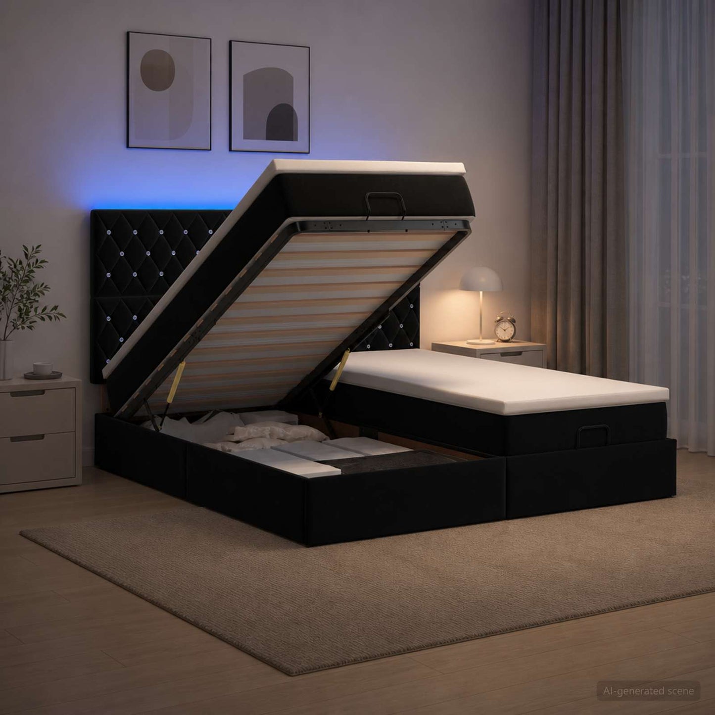 vidaXL Κρεβάτι Ottoman με Στρώμα και LED Μαύρο 180 x 200 cm Βελούδο