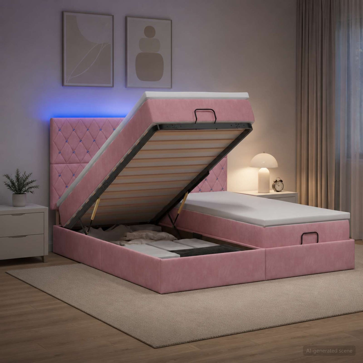 vidaXL Κρεβάτι Ottoman με Στρώμα και LED Ροζ 200 x 200 cm Βελούδο