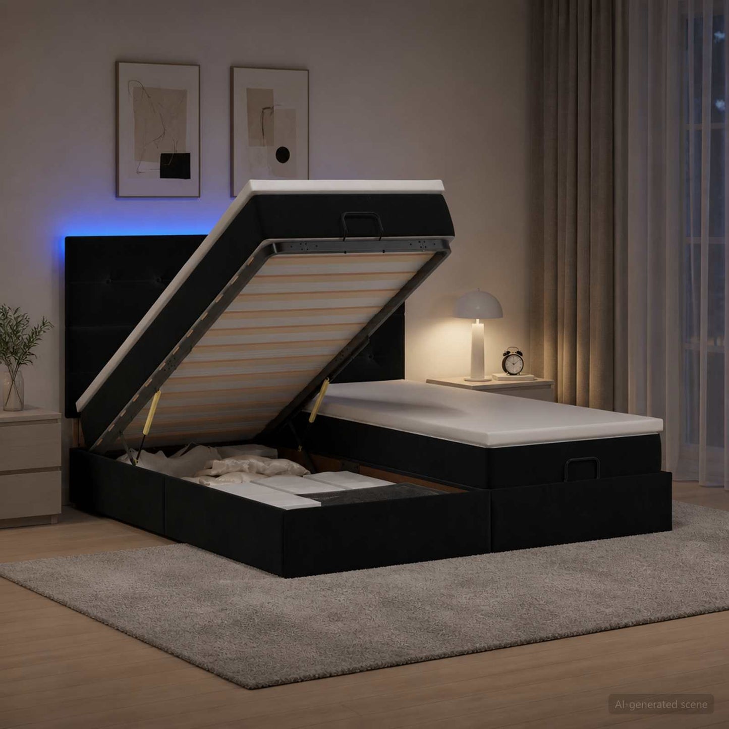 vidaXL Κρεβάτι Ottoman με Στρώμα και LED Μαύρο 180 x 200 cm Βελούδο