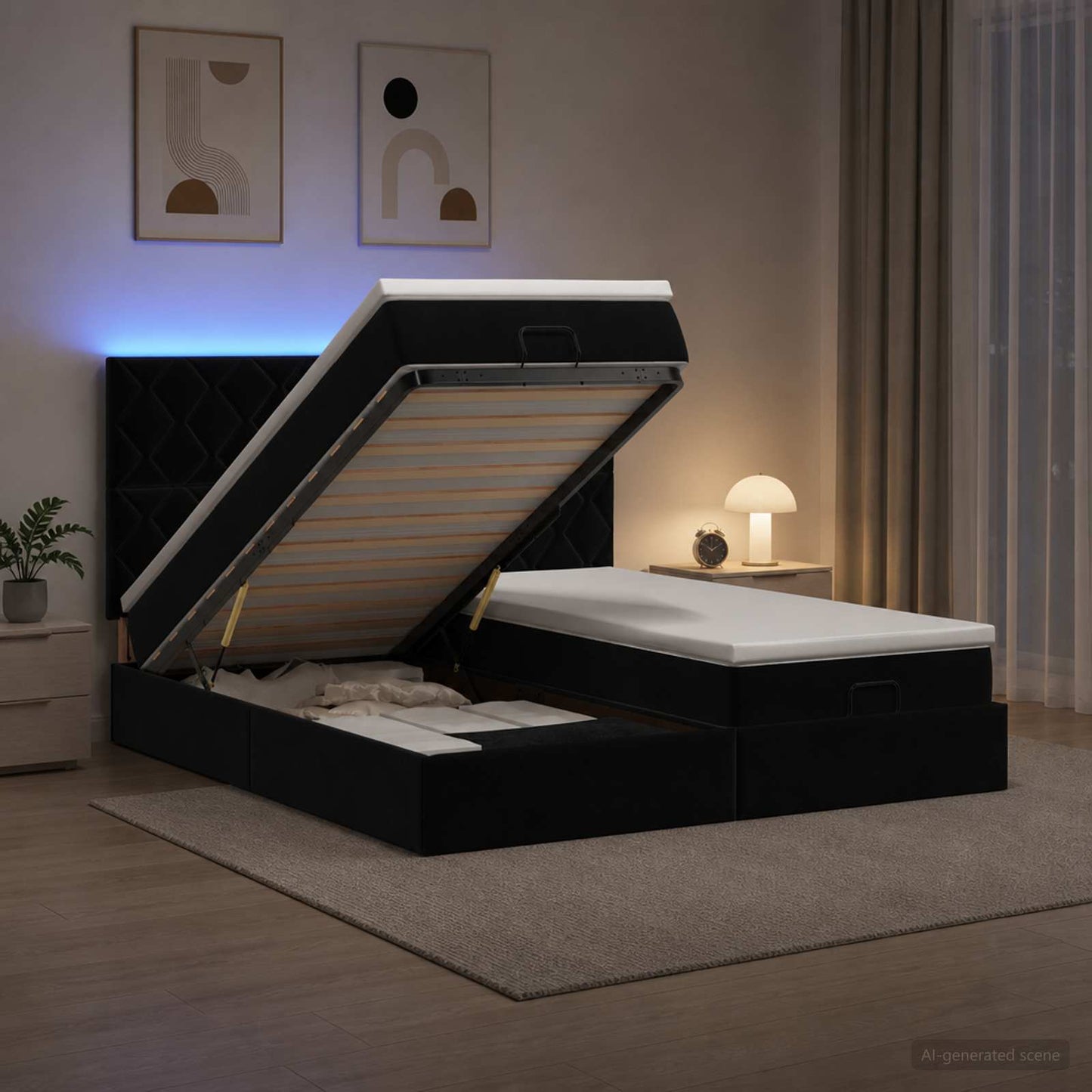 vidaXL Κρεβάτι Ottoman με Στρώμα και LED Μαύρο 200 x 200 cm Βελούδο