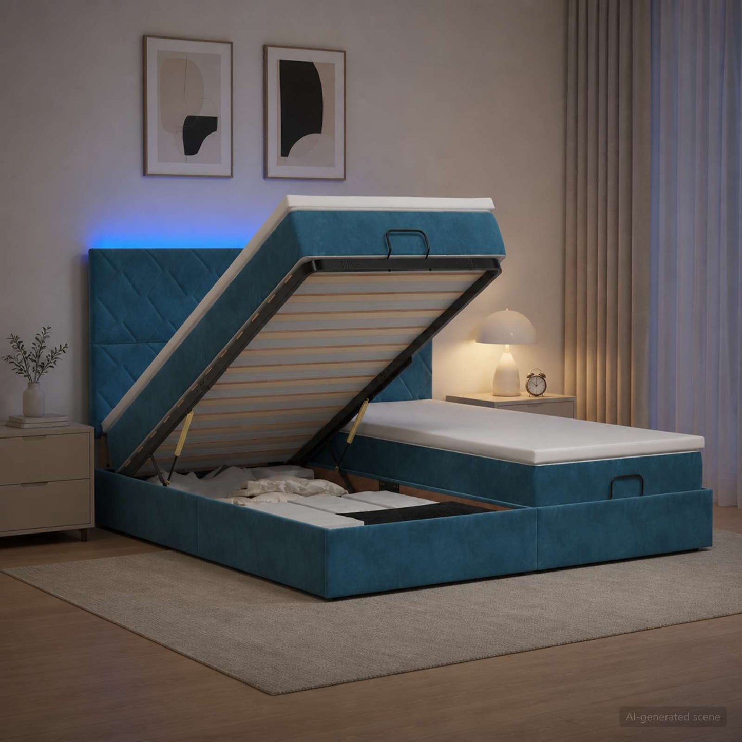 vidaXL Κρεβάτι Ottoman με Στρώμα και LED Σκούρο Μπλε 200 x 200 cm