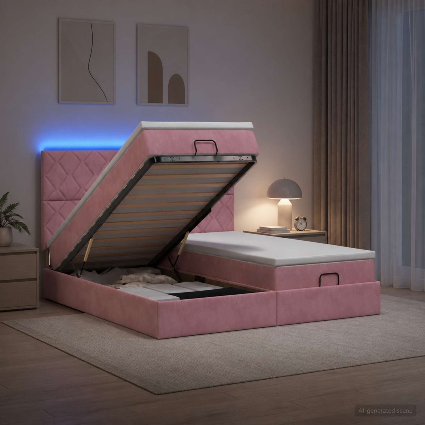 vidaXL Κρεβάτι Ottoman με Στρώμα και LED Ροζ 180 x 200 cm Βελούδο