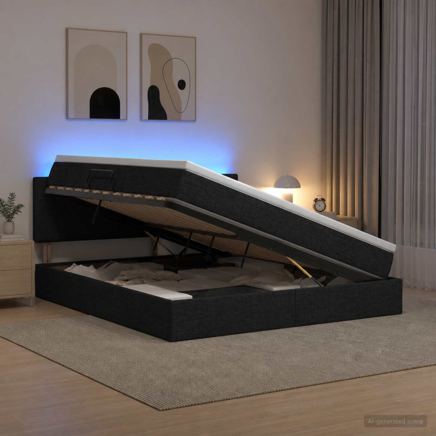 vidaXL LED Κρεβάτι αποθήκευσης με στρώμα Μαύρο 180 x 200 cm Ύφασμα