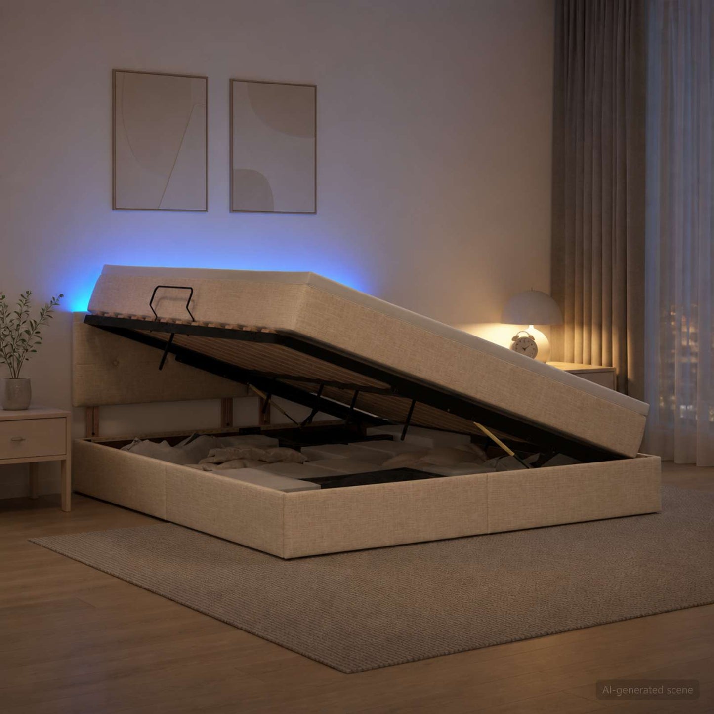 vidaXL LED Κρεβάτι αποθήκευσης με στρώμα Κρεμ 140 x 200 cm Ύφασμα