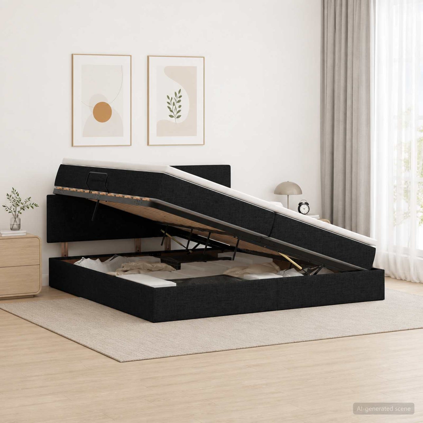 vidaXL LED Κρεβάτι αποθήκευσης με στρώμα Μαύρο 200 x 200 cm Ύφασμα