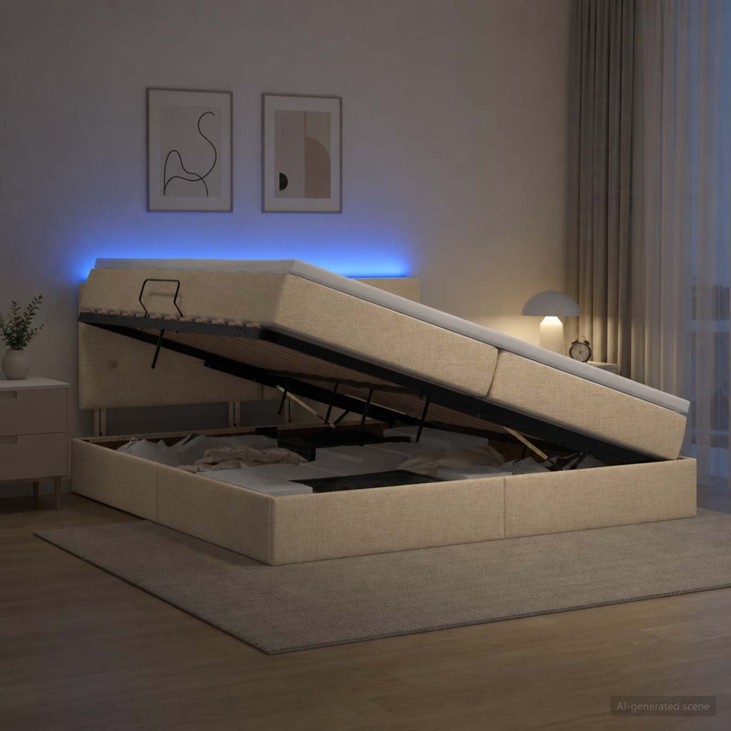 vidaXL LED Κρεβάτι αποθήκευσης με στρώμα Κρεμ 200 x 200 cm Ύφασμα