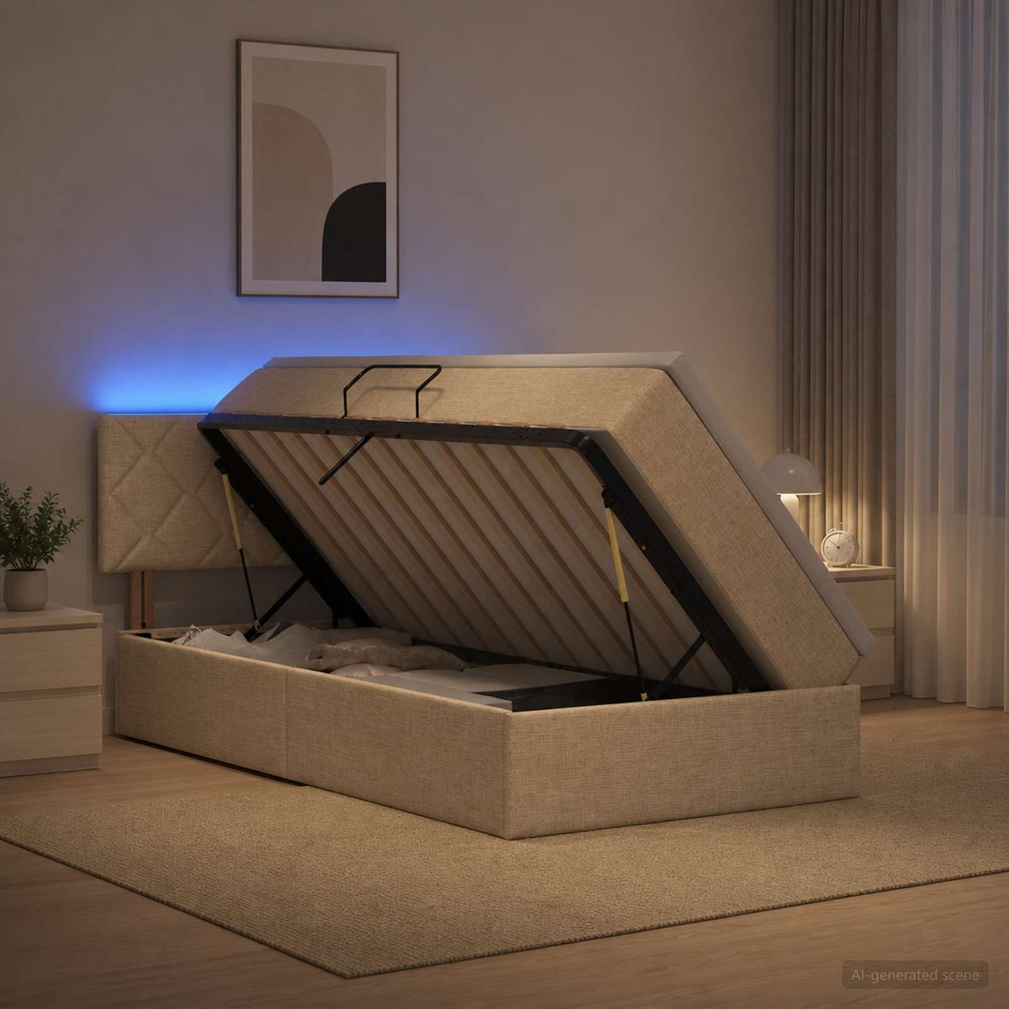 vidaXL LED Κρεβάτι αποθήκευσης με στρώμα Κρεμ 100 x 200 cm Ύφασμα