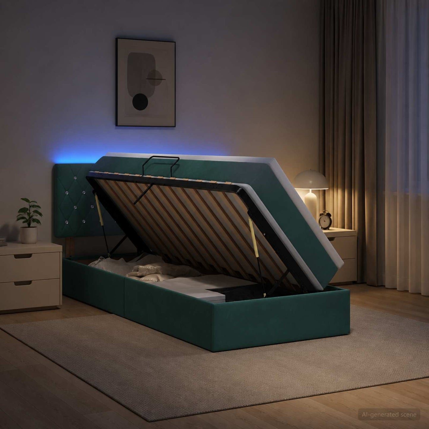 vidaXL LED Κρεβάτι αποθήκευσης με στρώμα Σκούρο Πράσινο 100 x 200 cm