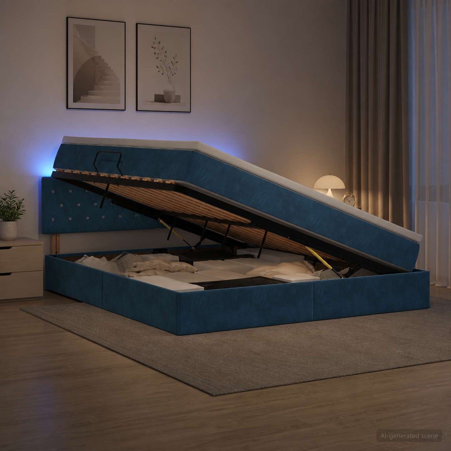 vidaXL LED Κρεβάτι αποθήκευσης με στρώμα Σκούρο Μπλε 140 x 200 cm