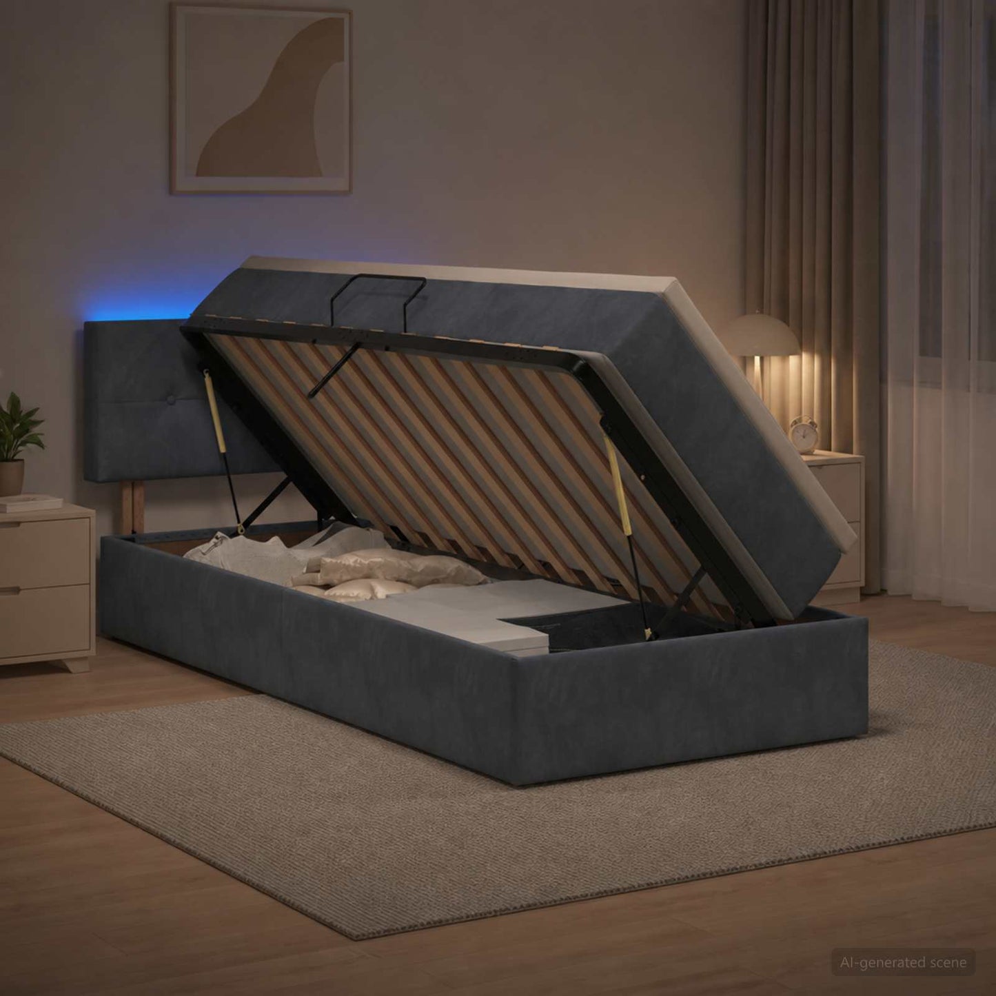 vidaXL LED Κρεβάτι αποθήκευσης με στρώμα Σκούρο Γκρι 100 x 200 cm