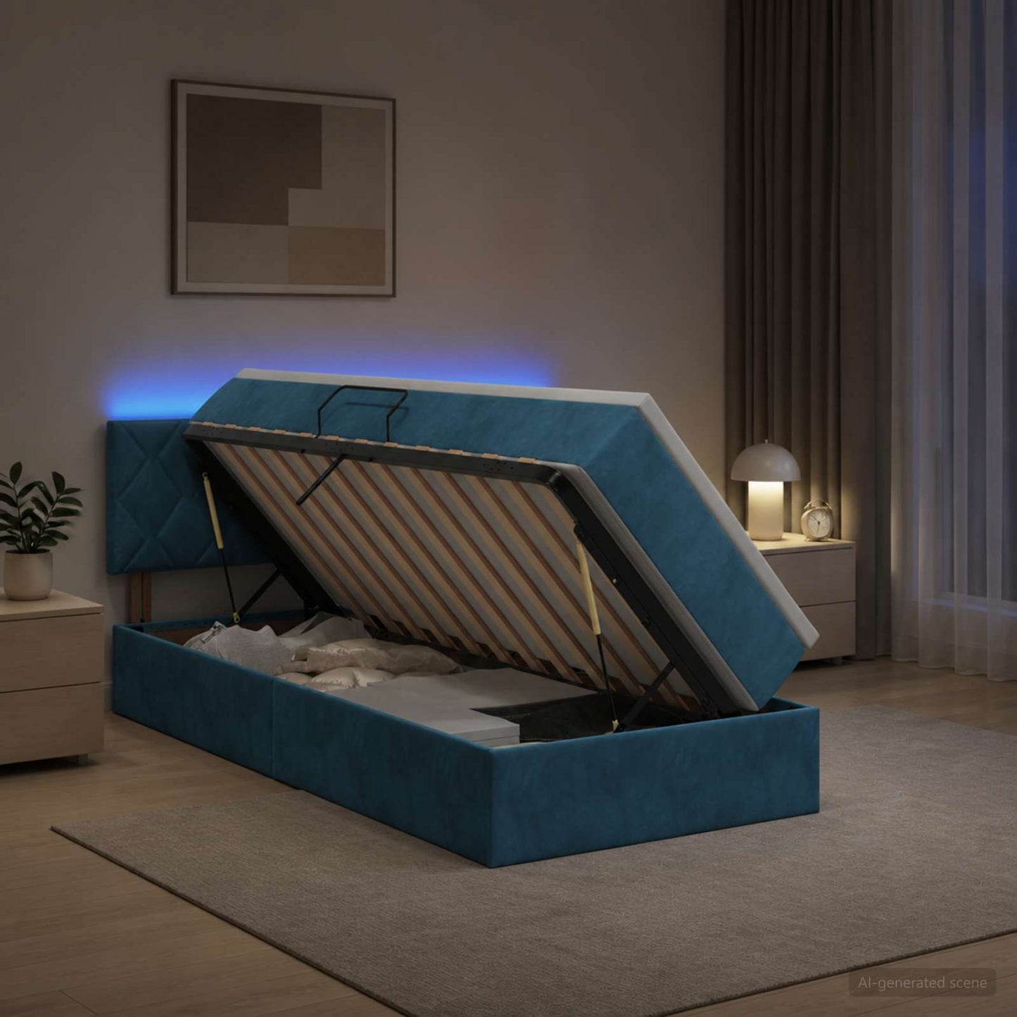 vidaXL LED Κρεβάτι αποθήκευσης με στρώμα Σκούρο Μπλε 100 x 200 cm