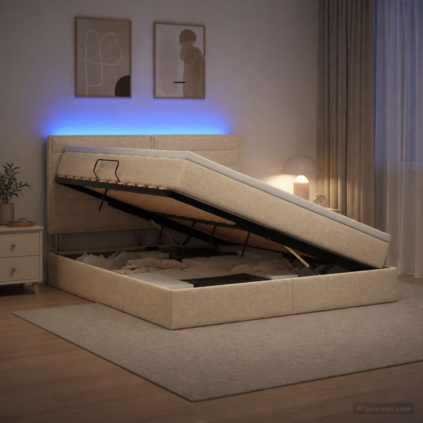 vidaXL LED Κρεβάτι αποθήκευσης με στρώμα Κρεμ 160 x 200 cm Ύφασμα