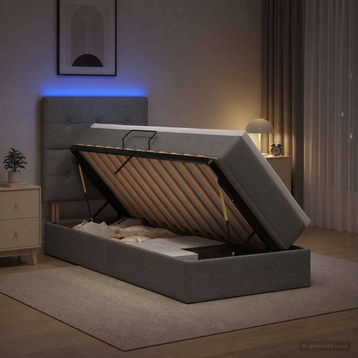 vidaXL LED Κρεβάτι αποθήκευσης με στρώμα Σκούρο Γκρι 100 x 200 cm