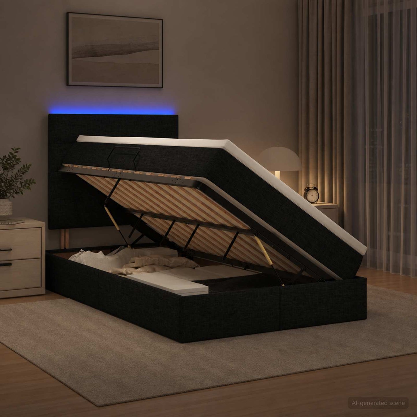 vidaXL LED Κρεβάτι αποθήκευσης με στρώμα Μαύρο 120 x 200 cm Ύφασμα