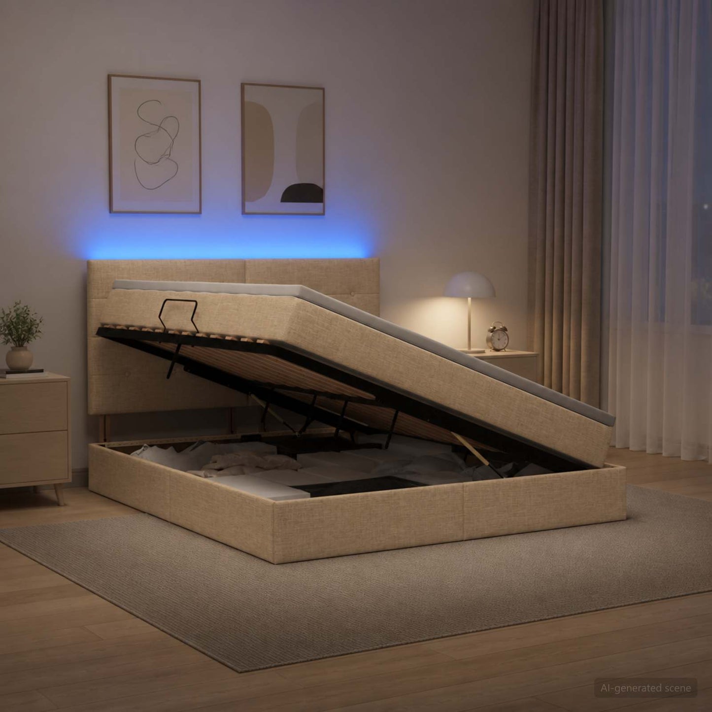 vidaXL LED Κρεβάτι αποθήκευσης με στρώμα Κρεμ 140 x 200 cm Ύφασμα