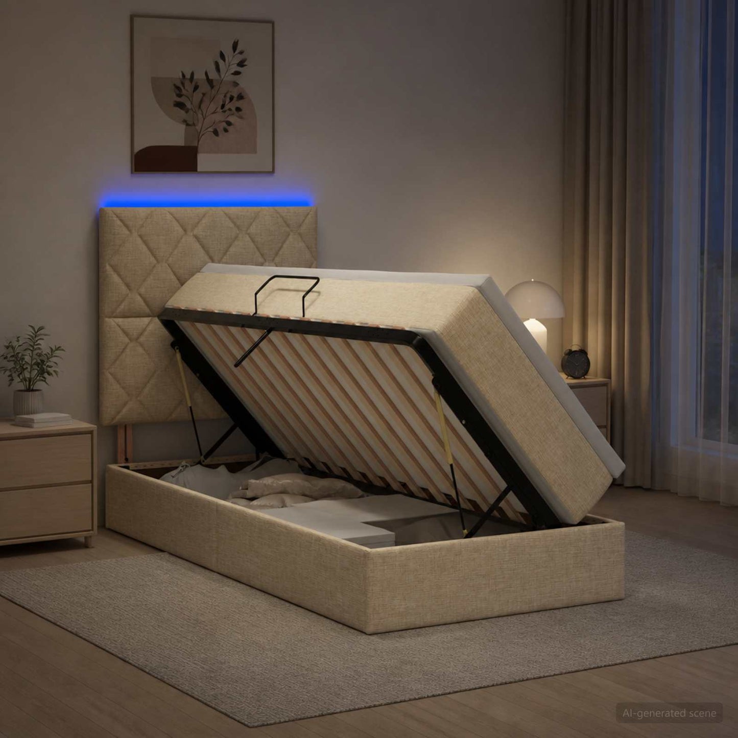 vidaXL LED Κρεβάτι αποθήκευσης με στρώμα Κρεμ 90 x 200 cm Ύφασμα